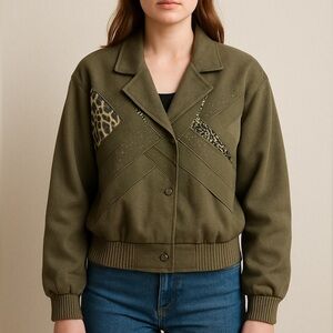 Vintage City Girl Olive Green leopard print studded Women's Jacket size medium